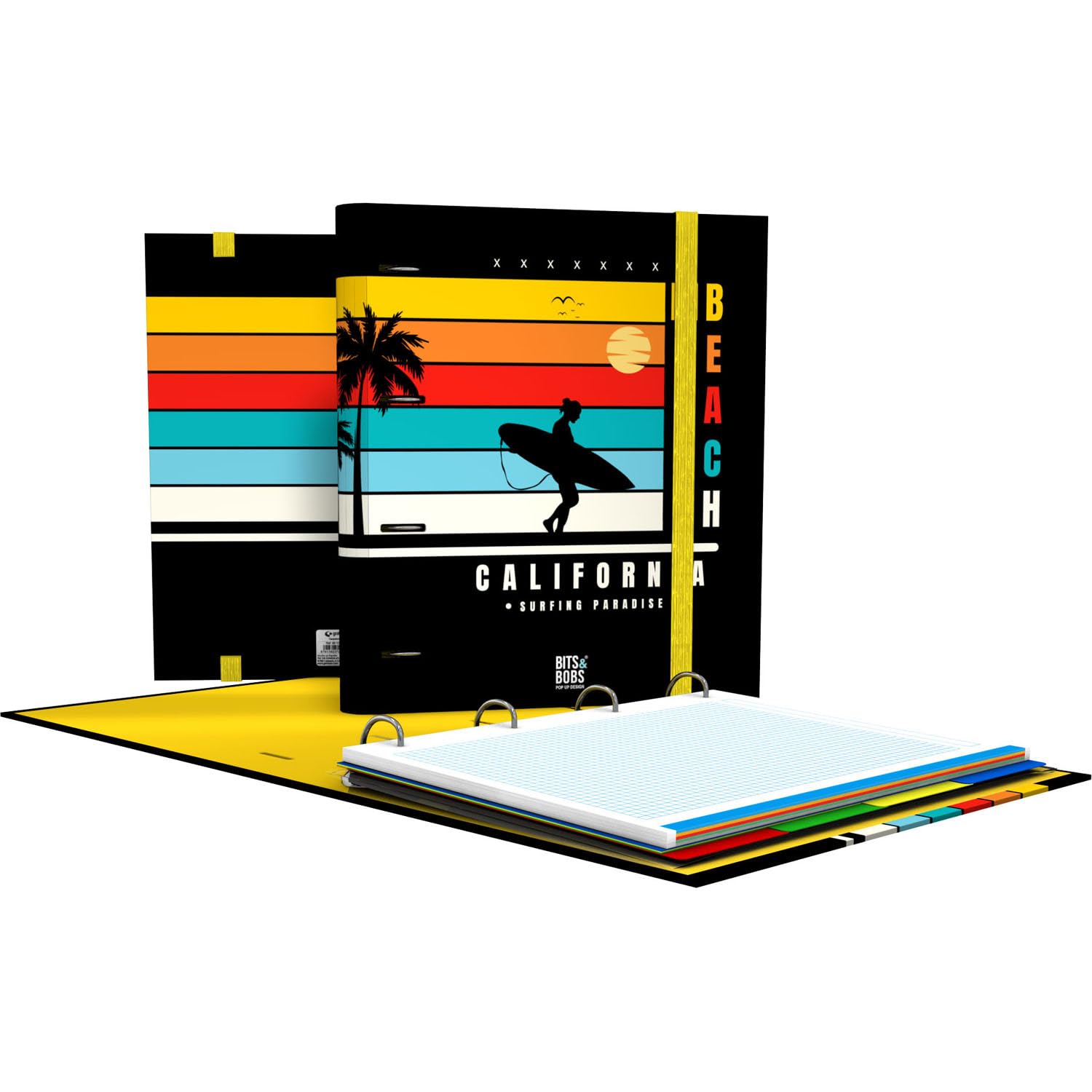 Grafoplás | 4 Ring Binder with Refill a4 | Includes 100 5x5 Squared Sheets | Dividers and Zippered Envelope | Ergonomic Curved Spine | Carpebook California Bits&Bobs Pop Up Design