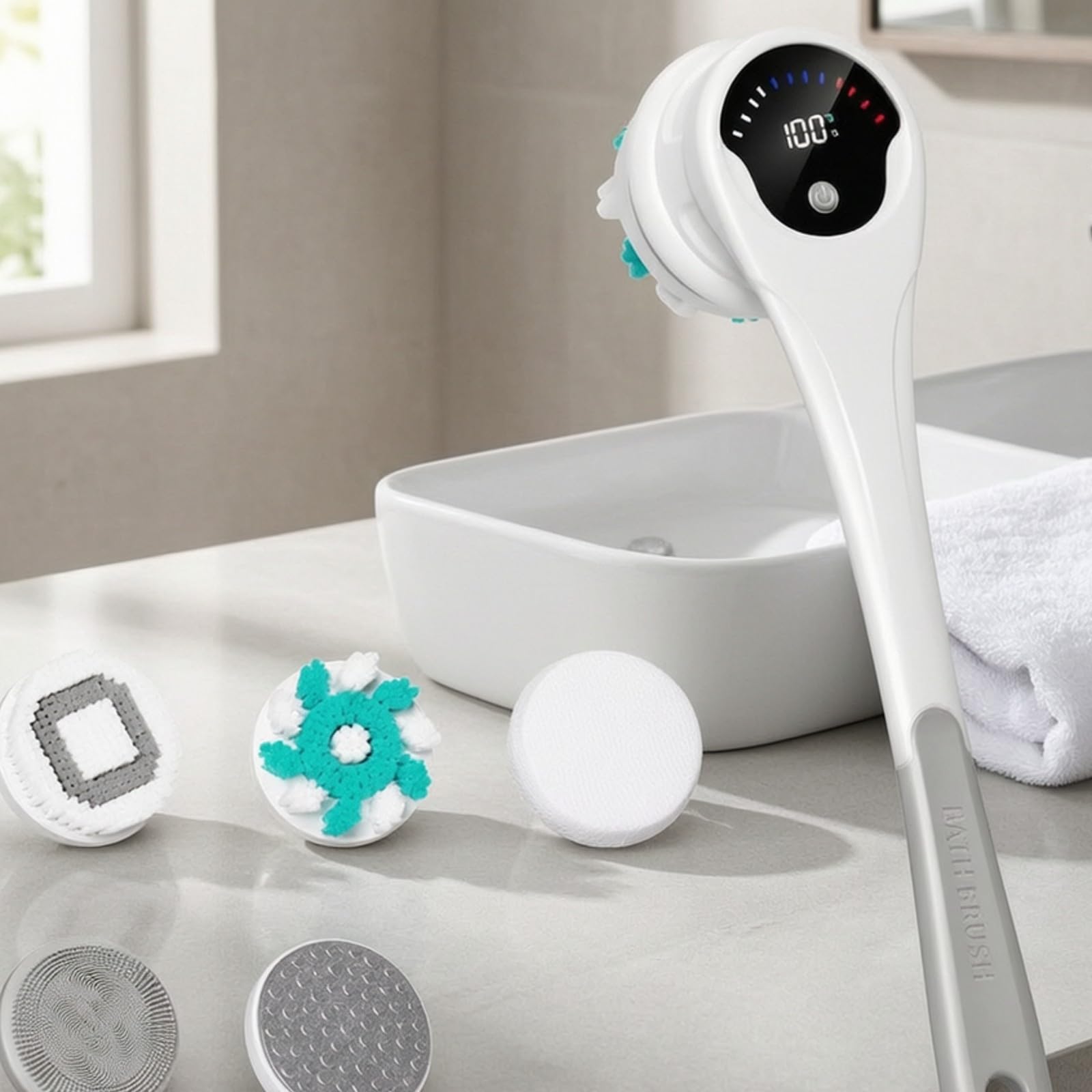 Silikonersatz Elektrische Rückenbürste | ergonomischer langer Griff, wiederaufladbar, Bürste mit wechselbaren Bürstenköpfen, für Dusche, Badewanne, Badezimmer, Grau