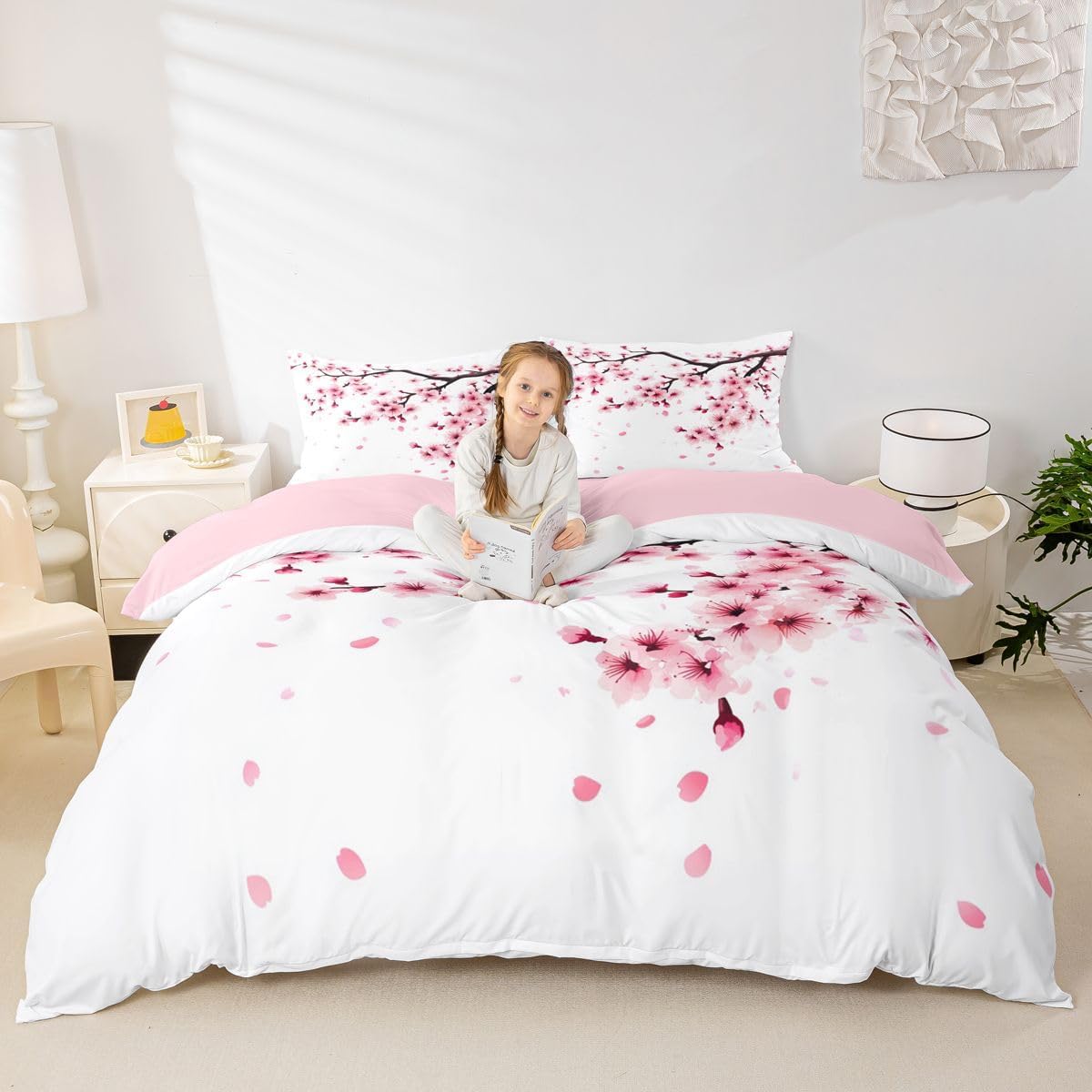 Feelyou Cherry Blossoms Bedding Set for Kids Boys Girls Japanese Style Comforter Cover Set King Size Sakura Flower Duvet Cover Bedroom Decor Floral Botanical Bedspread Cover Bedding Collection 3Pcs