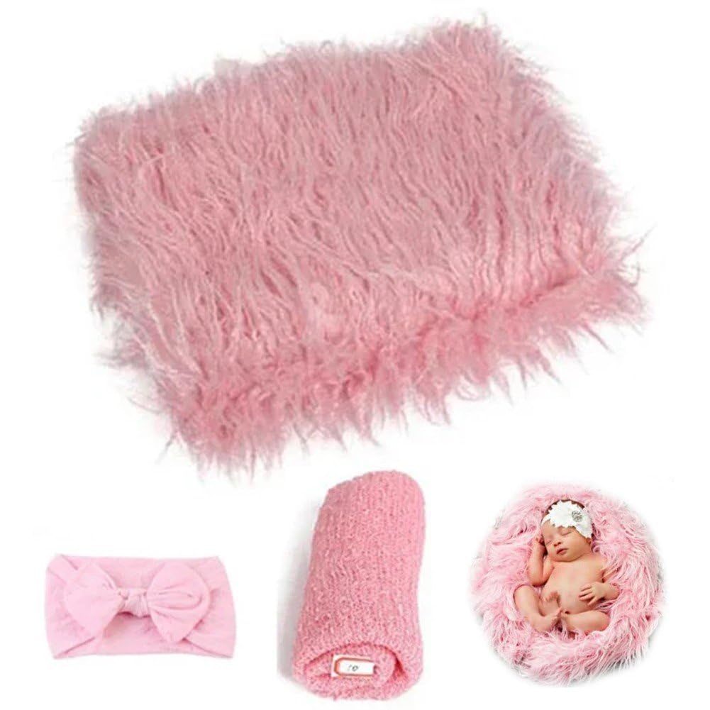 Keuyeo Newborn Photography Props 3pcs/set Fluffy Blanket Wrap Headband Set Comfortable Baby Photography Wrap Mat