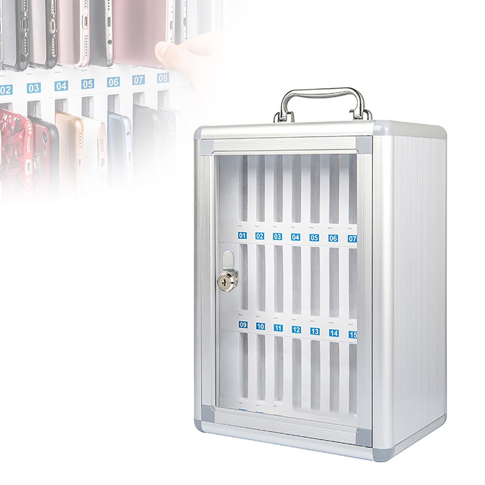 Boîte de rangement portable pour téléphone en métal avec poignée et clé 26,5x19x38cm