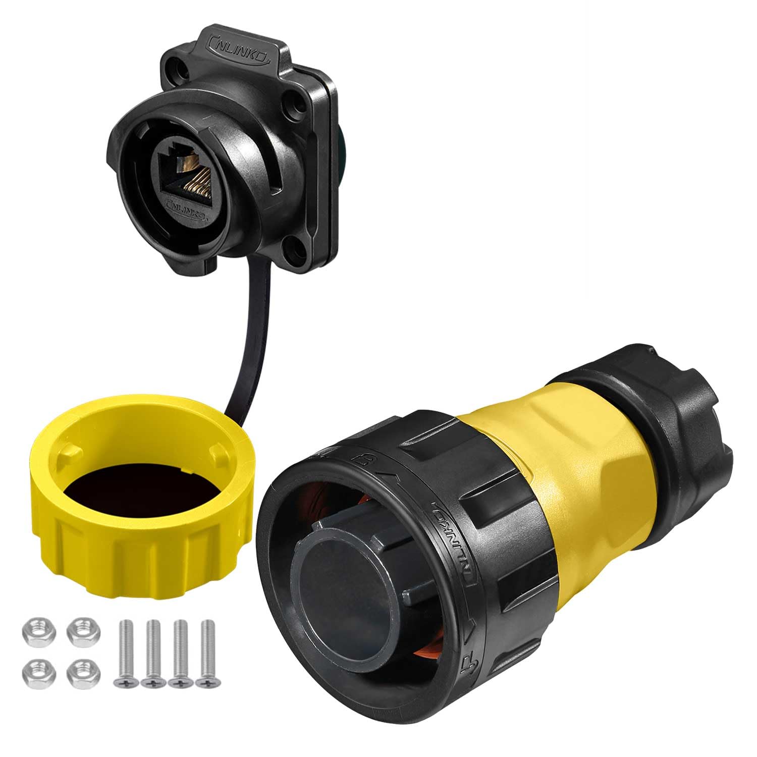 CNLINKO YM-24 RJ45 Connectors, 8P8C Dual Port Connector, Circular Connector for Network Connections, Panel Mount Receptacles Socket, IP68 Waterproof Connector, M24 Signal Connectors (RJ45 Set)