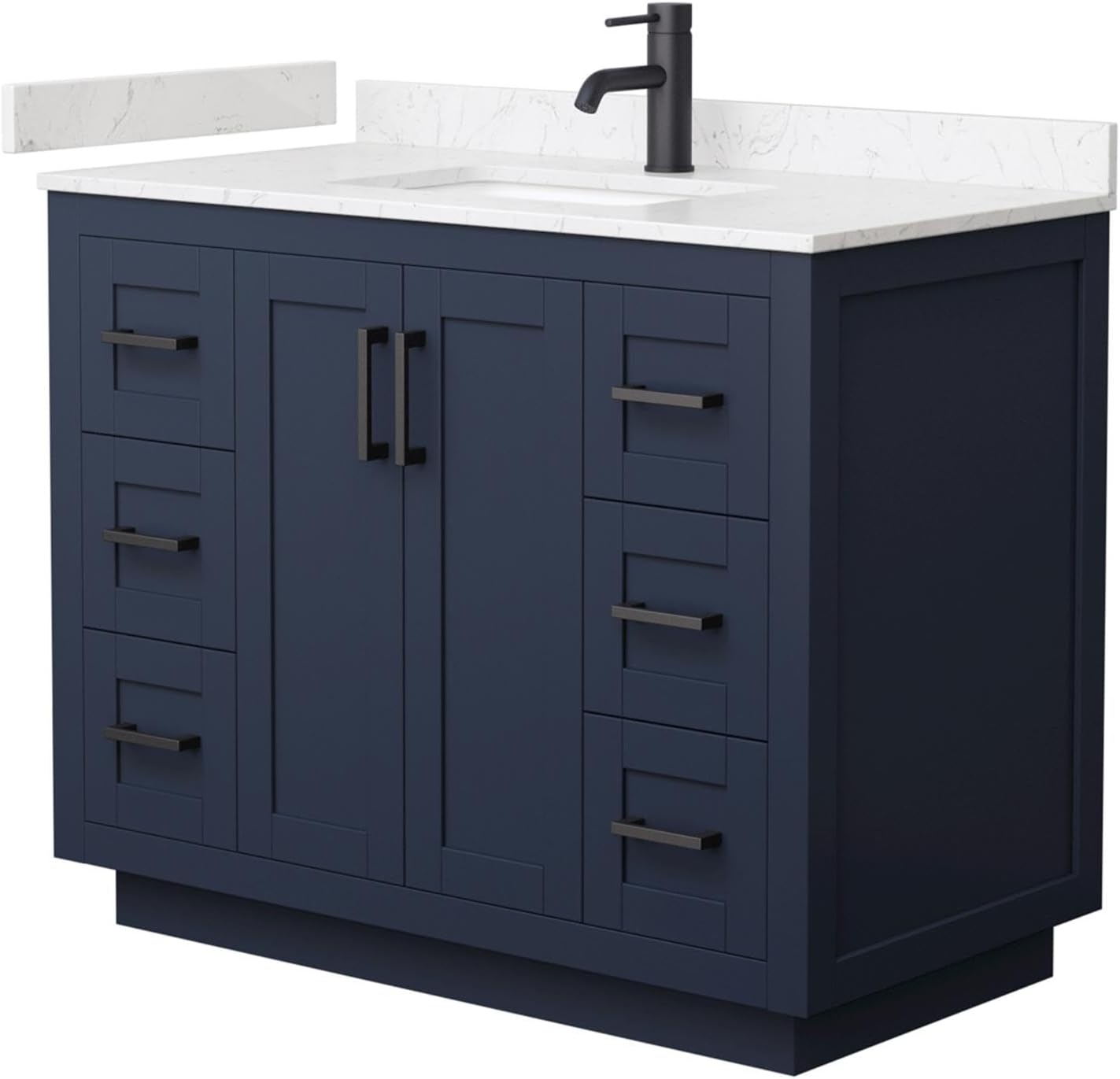Miranda 42 Inch Single Bathroom Vanity in Dark Blue, Light-Vein Carrara Cultured Marble Countertop, Undermount Square Sink, Matte Black Trim