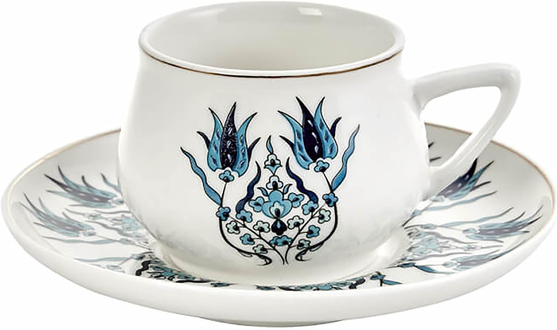 Iznik New Form Turkish Coffee Cup Set of 6, (12 Piece) Cups with Saucers - 3.3 fl oz Small Porcelain Espresso Set - Ideal for Serving Greek, Arabic Coffee