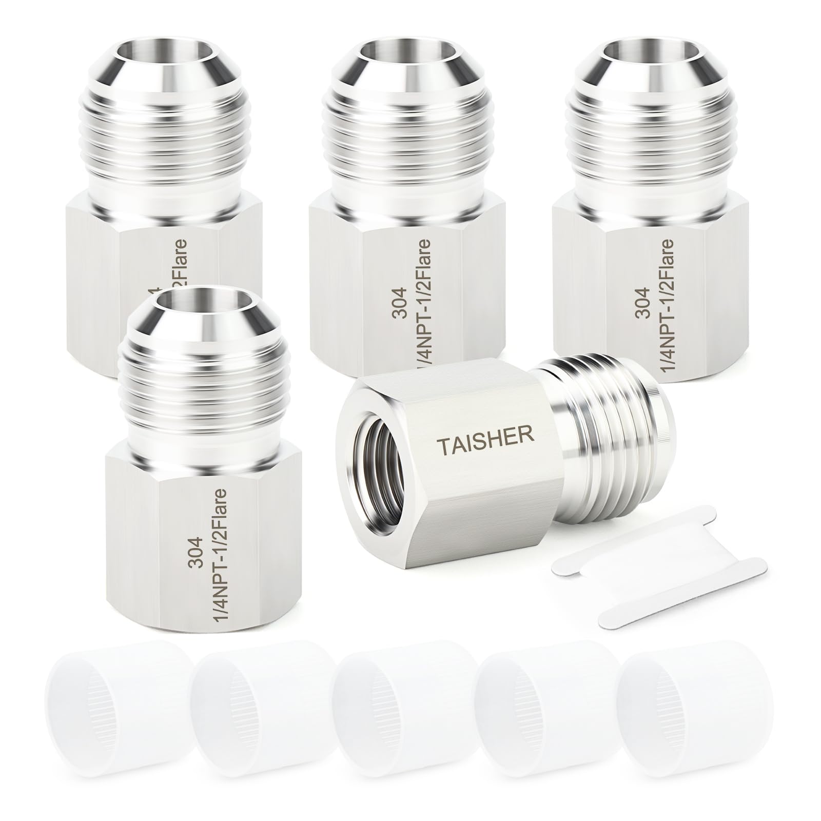 TAISHER 5PCS Forging of 304 Stainless Steel Tube Flare Fittings, 1/2" Male Flare x 1/4" NPT Female, Half Union