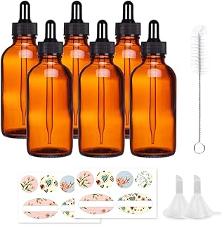6 Pack 120 ml 4 oz Amber Glass Bottles with Glass Droppers and Black cap.Glass Dropper Bottles for Essential Oils,Lab Chemicals,Colognes,Perfumes.Included 1 Brush,2 Funnels and 12 Labels.