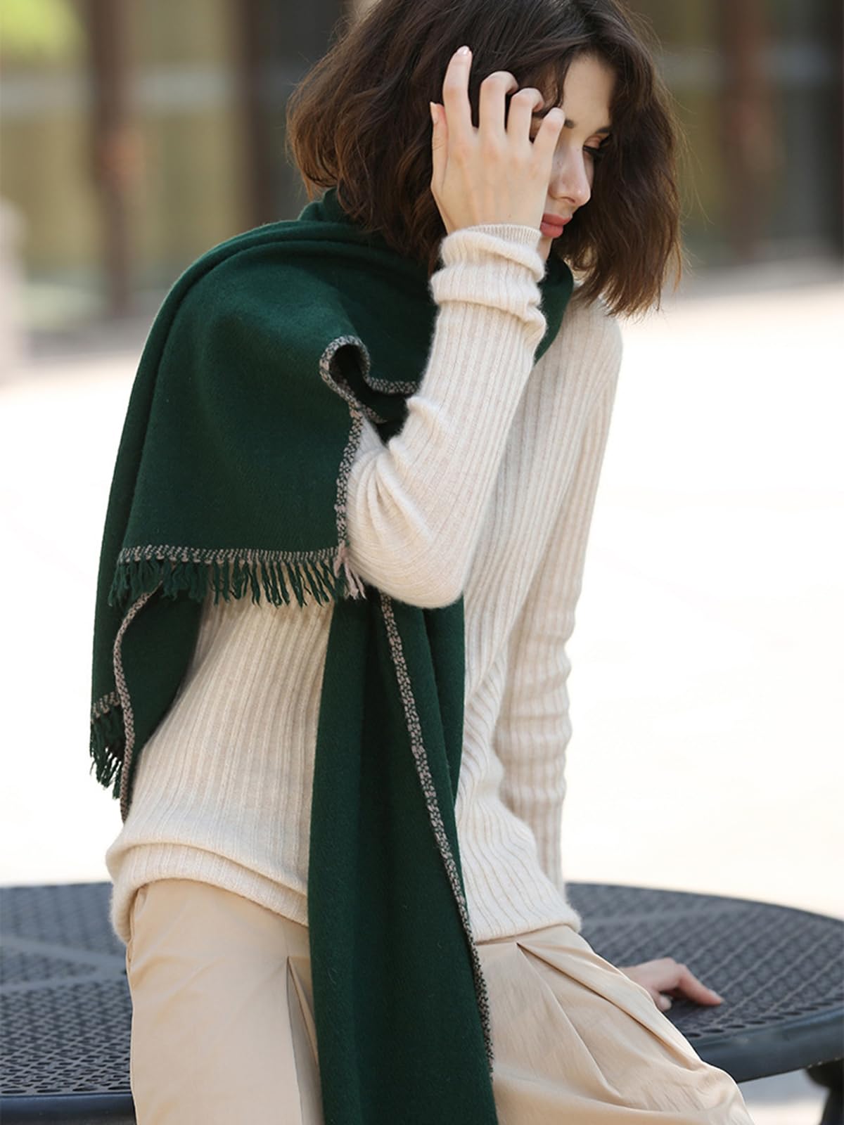 Mujer Cálido Bufanda Mantón de Lana con Borlas, Moda Largo Grande Manta Bufanda Chal Borla, 100% Lana Bufanda Chales Estola on Flecos para Noche Boda Viaje, Señoras Otoño Invierno Regalo Green F