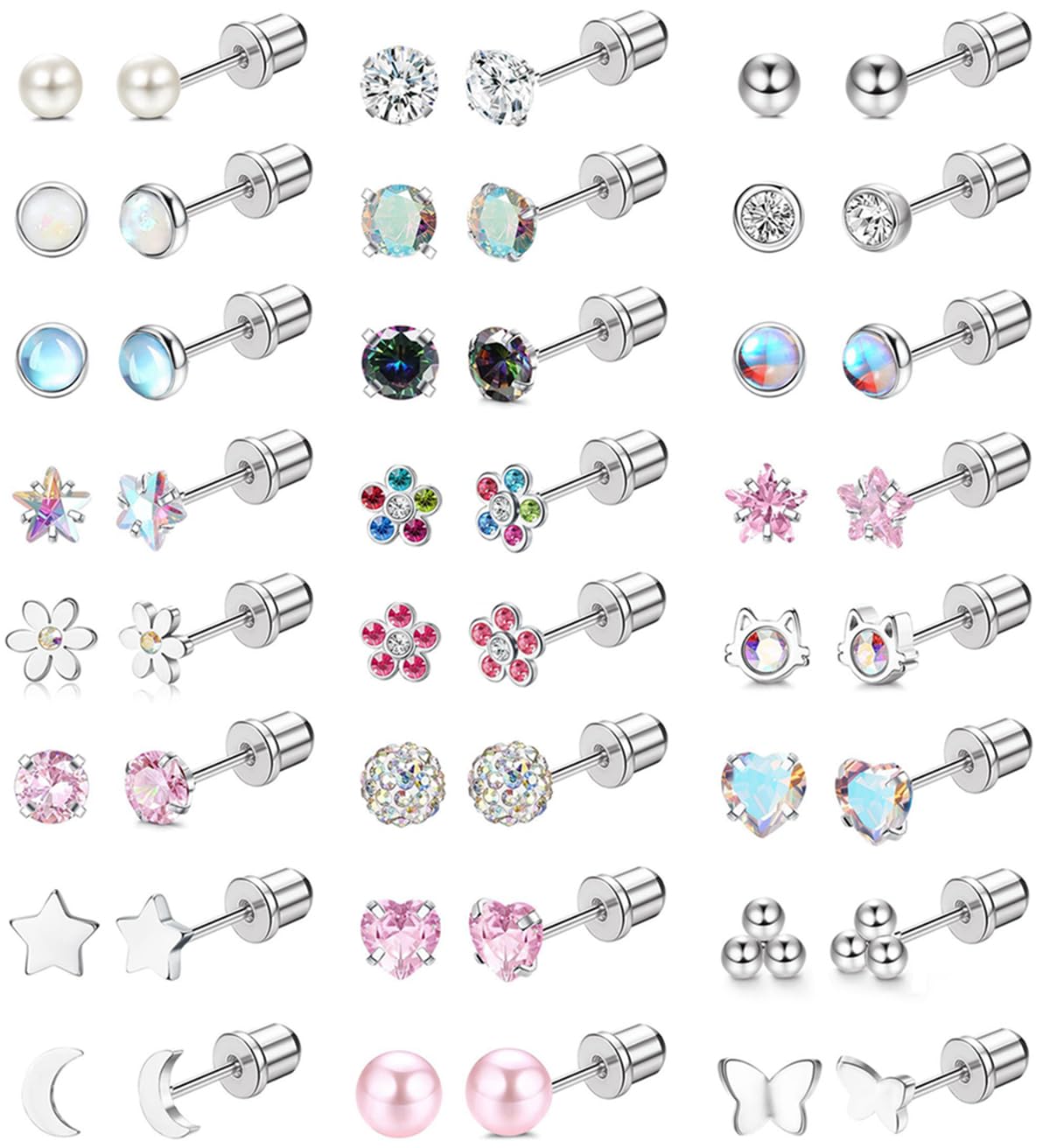 KALVICA 24Pares Pendientes Niña Hipoalergenicos Pendientes Mujer Pequeños Plata Cute Opalo Perla CZ Corazón Gato Flor Acero Quirurgico Pendientes Joyeria