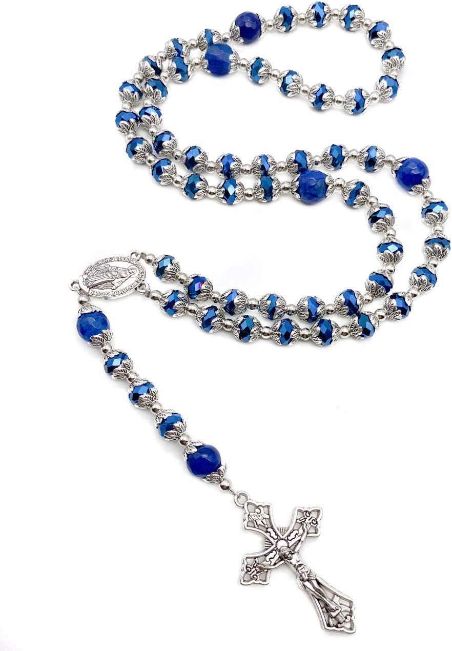 Nazareth Store Deep Blue Crystal Beads Rosary Blue Agate Glory Stone Beaded Necklace Miraculous Medal & Cross Crucifix Religious Rosaries Collection - Image 7