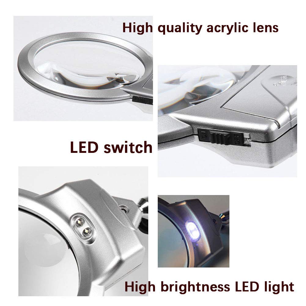 Lente d'ingrandimento, lente d'ingrandimento da tavolo illuminante a LED 6X, lancette a cupola di grandi dimensioni Supporto portatile Lampada da lettura con lente d'ingrandimento - per documenti cart