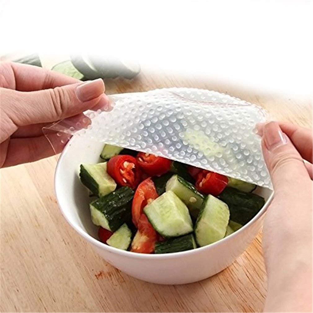 Bininbox White Reusable Cling Film Flexible Silicone Food Stretch Lids Bowl Covers Wraps 4 Pack
