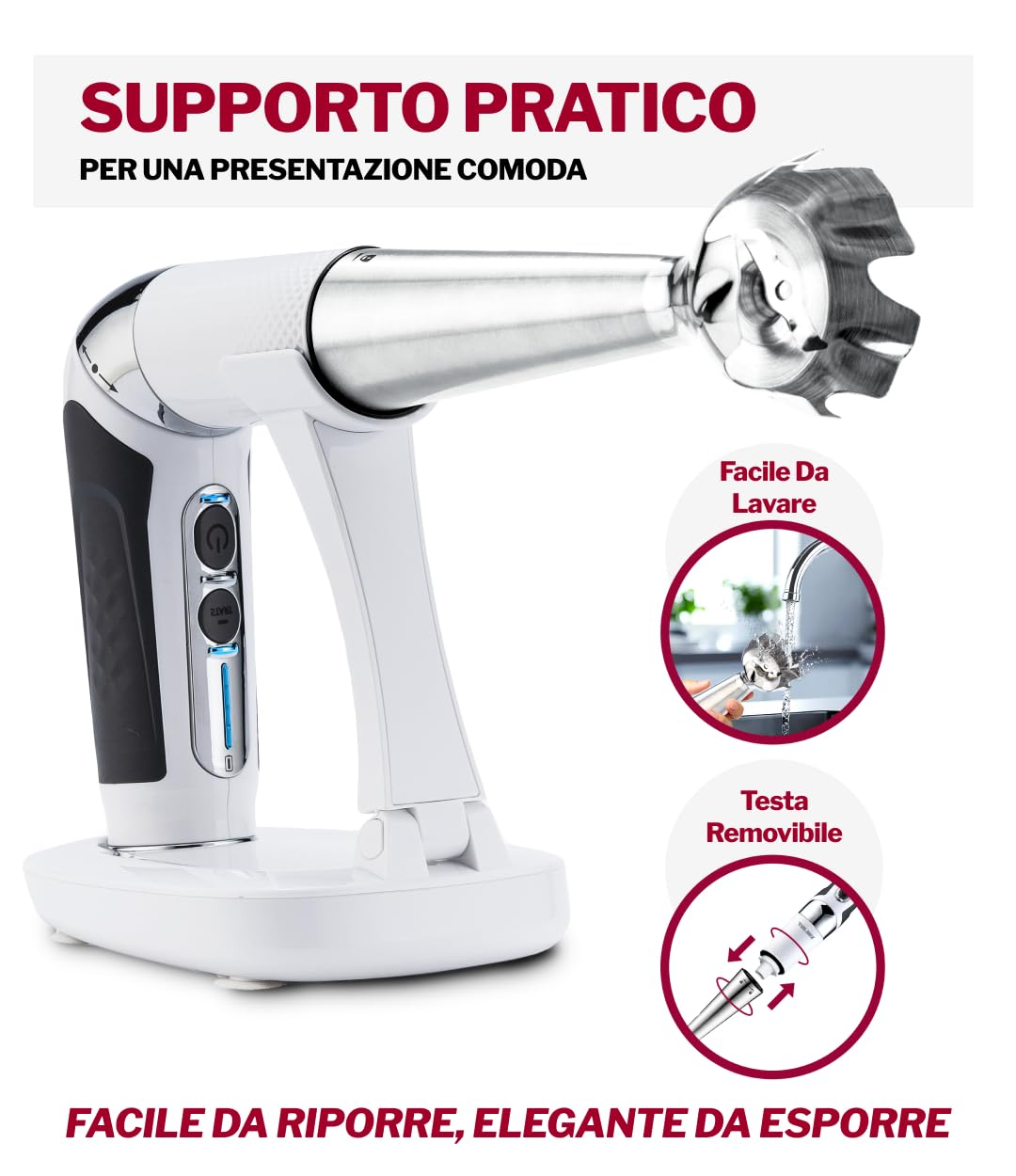 Turmix CX 422 Frullatore a immersione professionale – Frullatore a batteria in acciaio inox 1800W con accessori: tritatutto, frusta, bicchiere e base – Mixer cucina senza fili ricaricabile