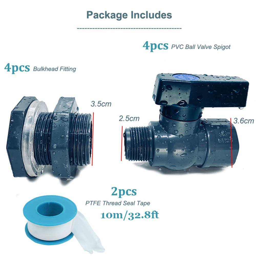 Regentonnen-Zapfen-Set mit Lochsäge, 4-teilig, PVC-Schottverschraubung, Kugelhahn, Gartenschlauch-Außengewindeadapter, Widerhaken-Adapter, Gewindedichtband (3/4 Zoll)