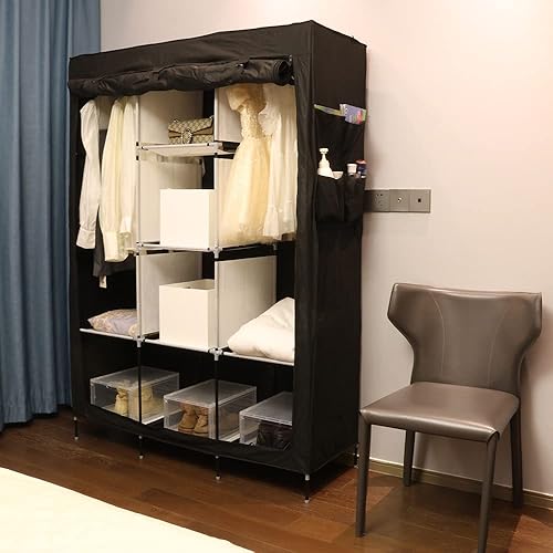 Miniatura 7 de PLKO Armario portátil, organizador de almacenamiento de armario, armario portátil de ropa con puerta enrollable con cubierta de tela Oxford negra