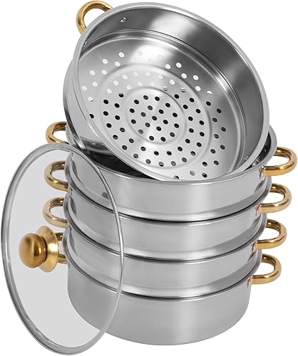 Juego de ollas de vapor de acero inoxidable de 5 niveles, utensilios de cocina de vapor de 10.2 in con tapa transparente y mango de prevención de