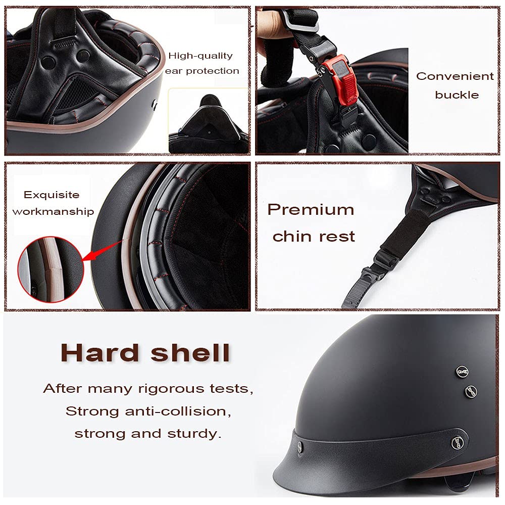 Halbschalenhelm mit Ece Jethelm Retro mit Visier Motorrad-Helm Brain-Cap Halbschale Retro Roller Helm Moped Halbschale Scooter-Helm Retro Half Helm ​für Cruiser Chopper