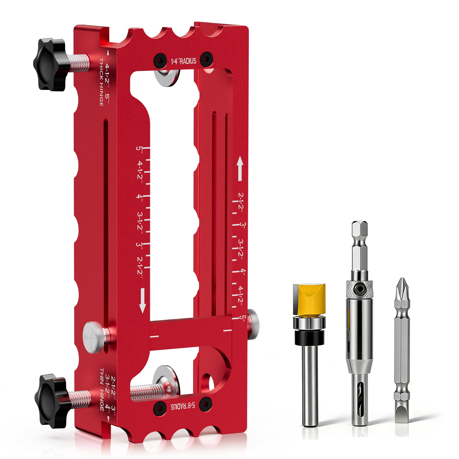 Door Jig Tool for Router, Adjustable Aluminum Alloy Mortise Jig Fits Door Hinges 2.5" -5", Door Hinge Template Installation Kit, 1/4" & 5/8" Radius and Square Corners (red)
