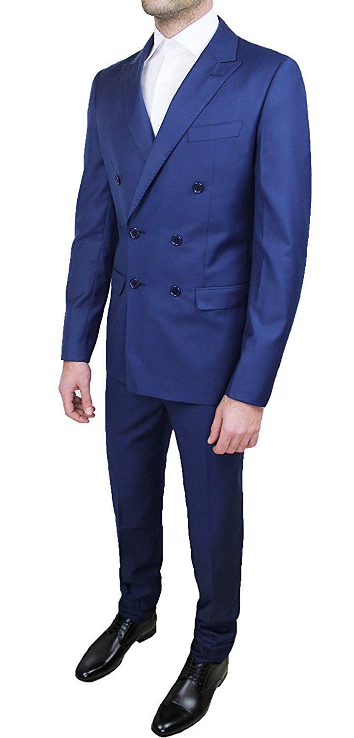 Abito Completo Alta Sartoria Uomo Doppio Petto Blu Vestito Elegante Cerimonia