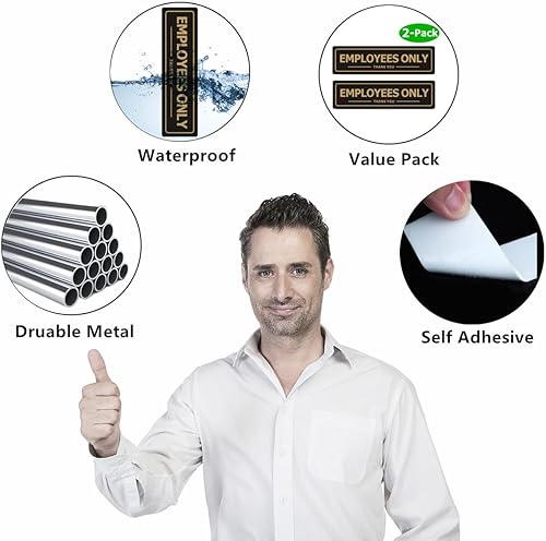 Miniatura 4 de Letrero de solo empleados, letreros de puerta de oficina para pared de tienda de negocios, metal de aluminio con fuerte autoadhesivo, Negro dorado
