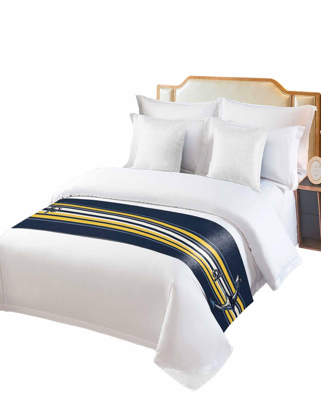 Twin Bed Runner Nautical Vintage Medieval Anchor Bedding Runner Scarves Decorative Bed Scarf, Navy Blue Yellow Stripes Soft Bedding Scarf for Bedroom Hotel Wedding 83x20in