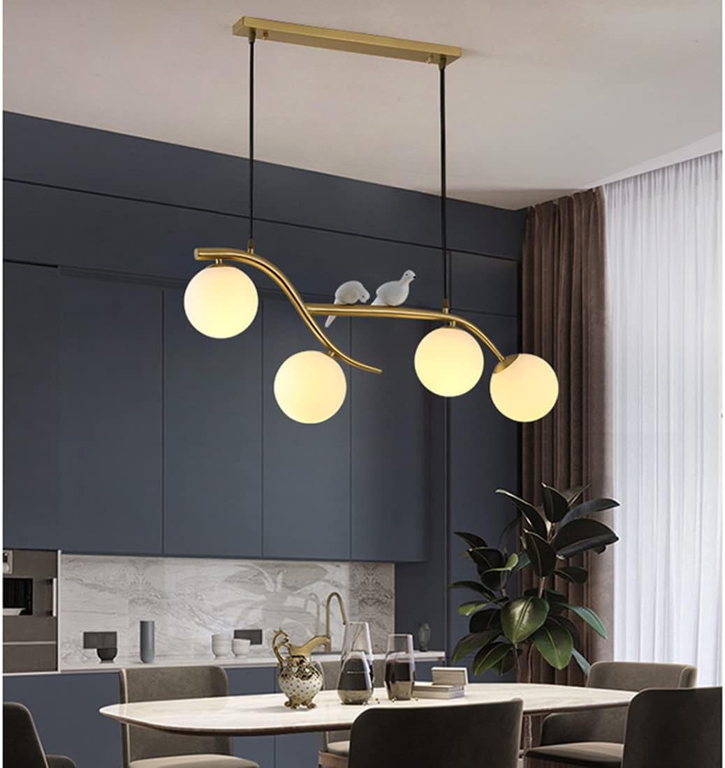 Lampadario a 4 luci in Vetro opalino Dorato Stile Mid-Century Modern per Tavolo da Pranzo, Stile Rustico, Nero, a Sospensione lineare Lunga, con Uccelli nordici, Lampada da soffitt
