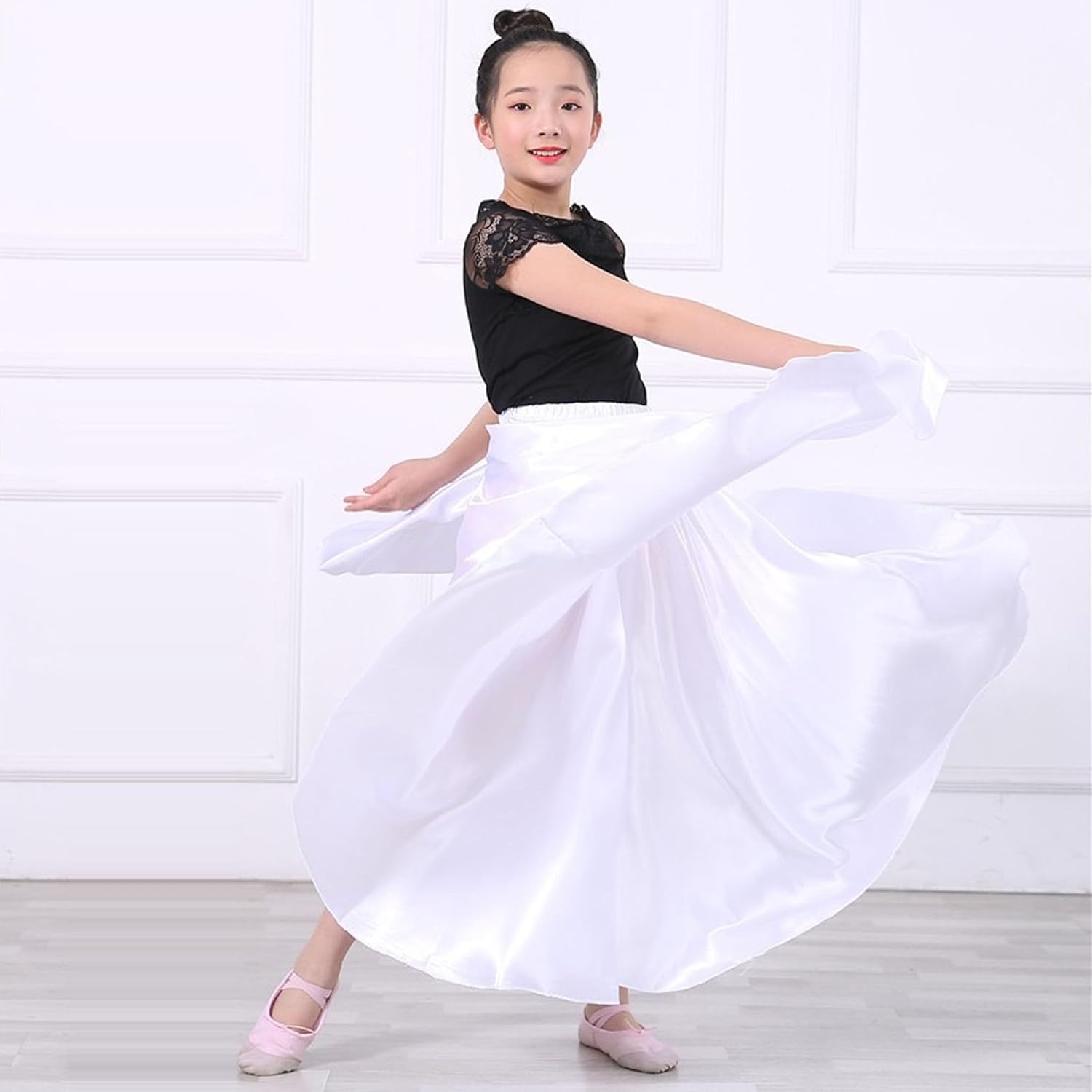 Girls Satin Full Circle Ankle Length Swing Long Skirt Belly Dance Performance Costume for School Children 8-12 Years - Image 4