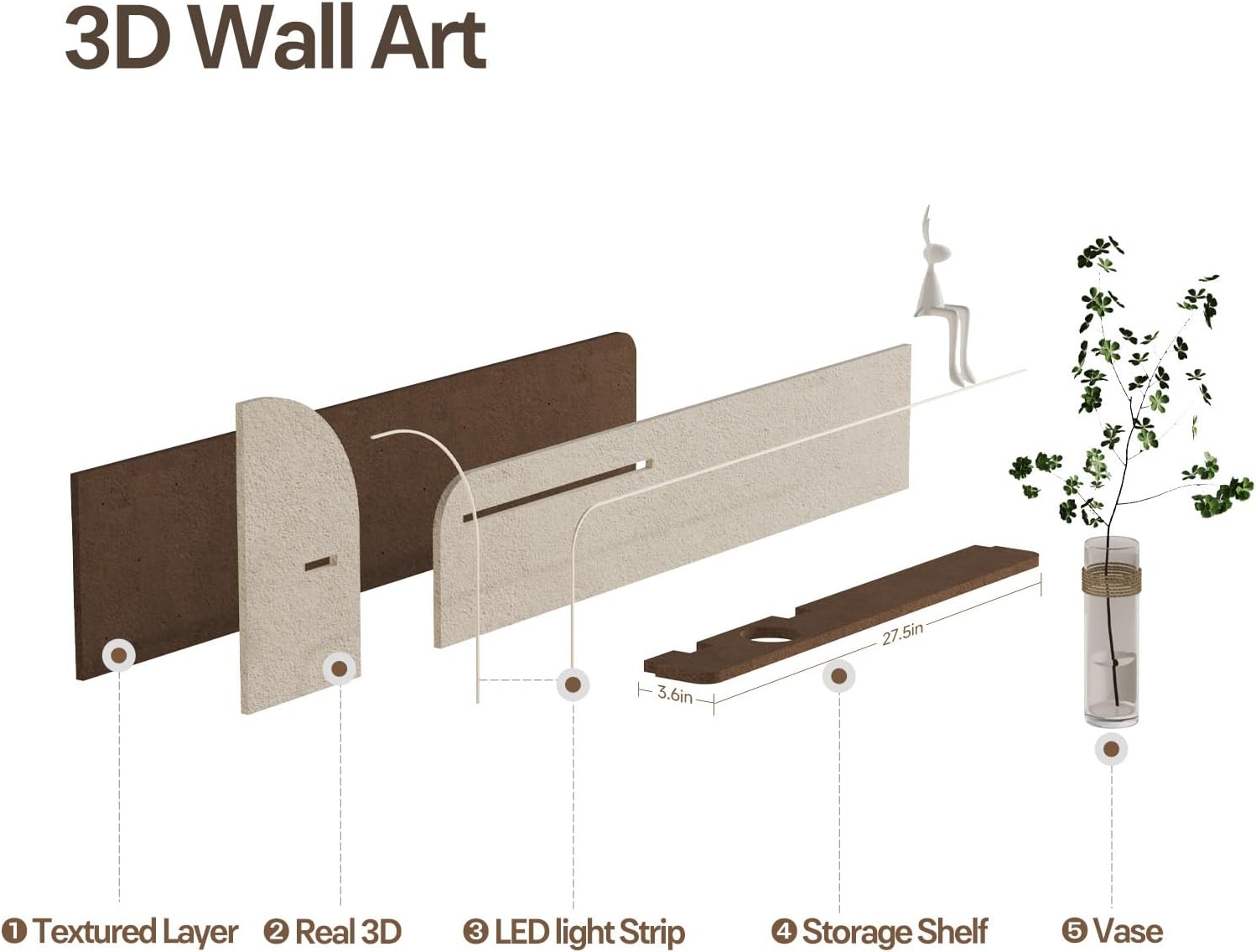 3D Textured LED Horizontal Wall Art Decor for Living Room, Large Lighted Neutral Minimalist Sandstone Artwork with Shelf, Beige Backlit Sculpture Wall Decor for Bedroom, Dining Room, Home Office