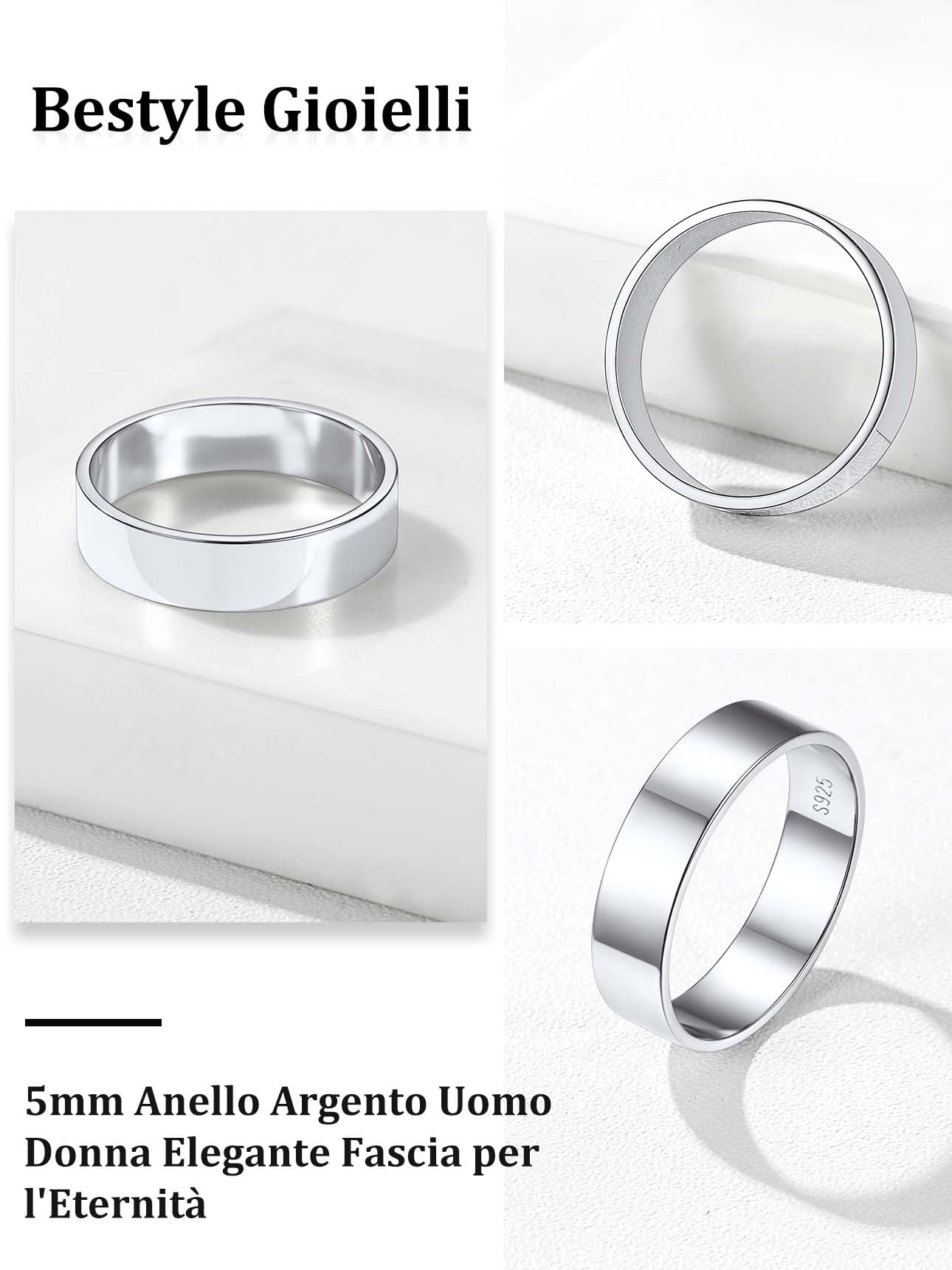 Bestyle Anelli Coppia Donna Uomo 925 Argento a Fascia 3mm/5mm Misura 7-27