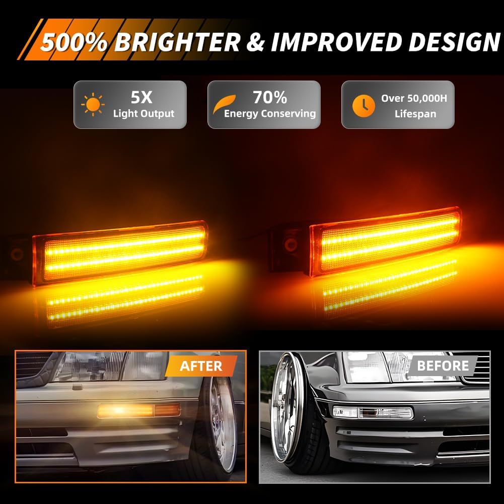 Front Side Marker Light Compatible with Le-xus LS400 1995 1996 1997, [2 in 1 Design] Amber LED Sequential Turn Signal Marker Light & Daytime Running Light, 1 Pair, Amber Lens