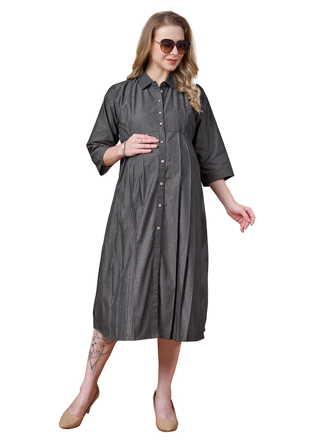 lovely mom's Women's Maternity Denim Look Cotton Dress | Soft, Breathable, Flexible Solid Color for Everyday & Semi-Casual Wear-picture-17