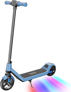 E Scooter Kinder blau, von 8-12 Jahren,16 km/h,8-10km Reichweite, 3 Geschwindigkeitsstufen, Bunte Lichter, LED Display, Non-Zero-Start Sicherheit, Vollgummireifen, Kinder E Scooter