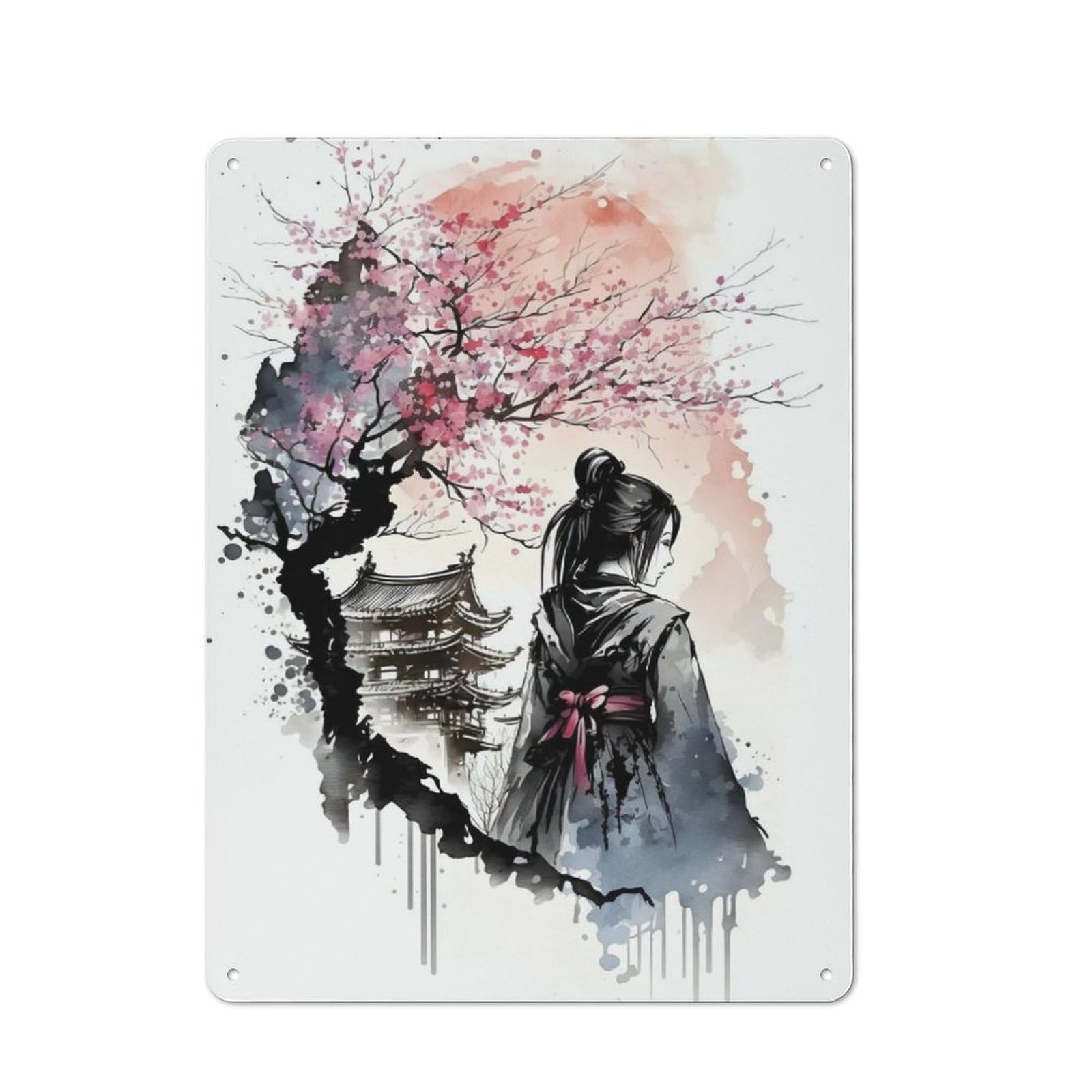 Junmoney Geisha Cherry Blossom Rustic Tin Wall Plaque 40X30cm For Guest Room Or Hallway, For Garage, Workshop And Man Cave Decoration