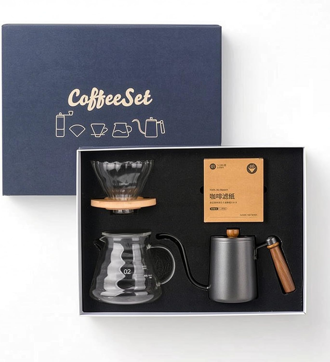 Fenteer Coffee Equipment Pour Over Dripper Carafe Kettle Papers Bundle With Wooden Handle And Glass Carafe For Smooth Manual, Black, style to 2