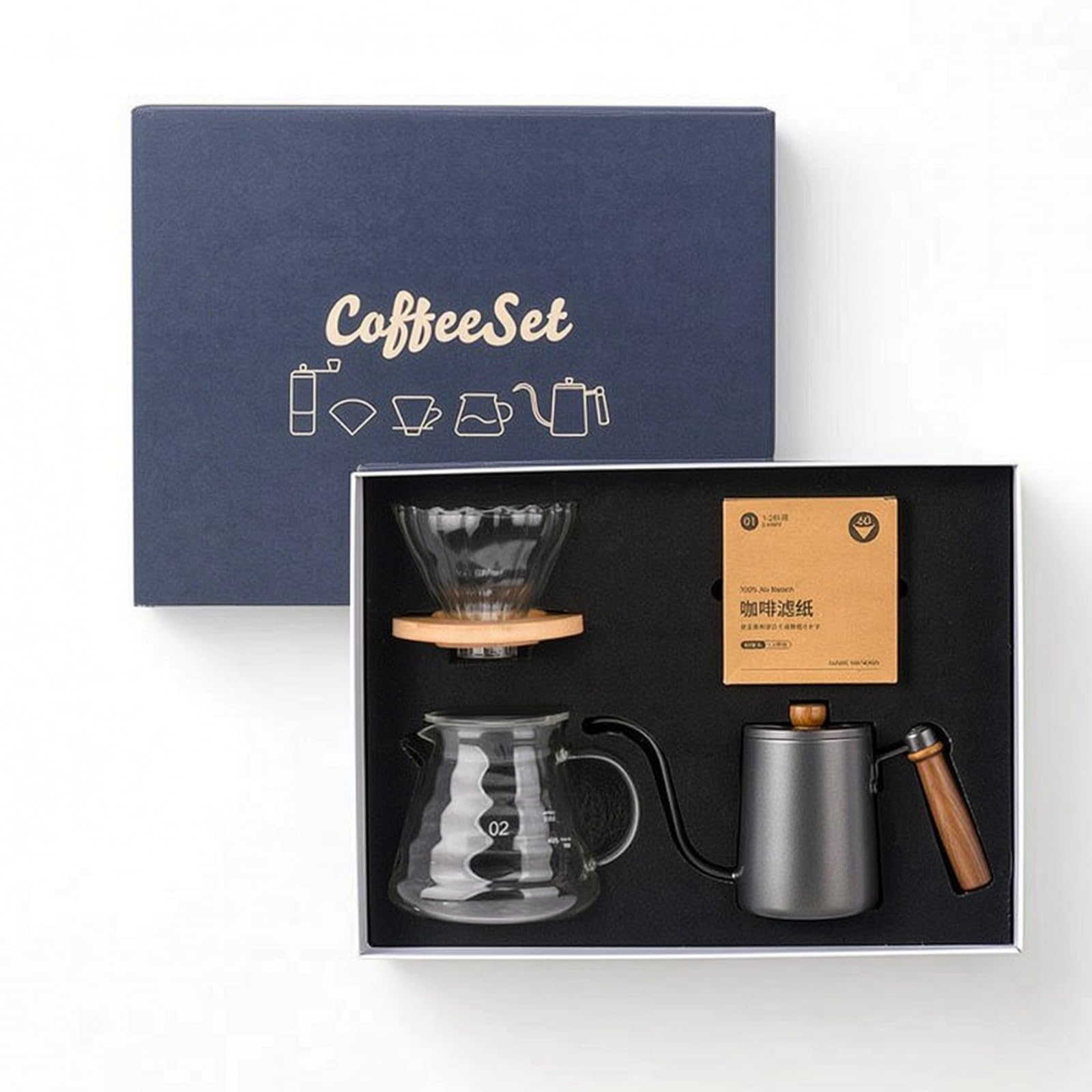 Kaffee Brühset Kaffeezubereiter Pour Over Handfilter Kaffeekessel Glaskaraffe Papierfilter mit Transparenter Karaffe Und, Schwarz, 4-Teiliges Kaffee-Geschenkset Bambus-Holzfiltertasse
