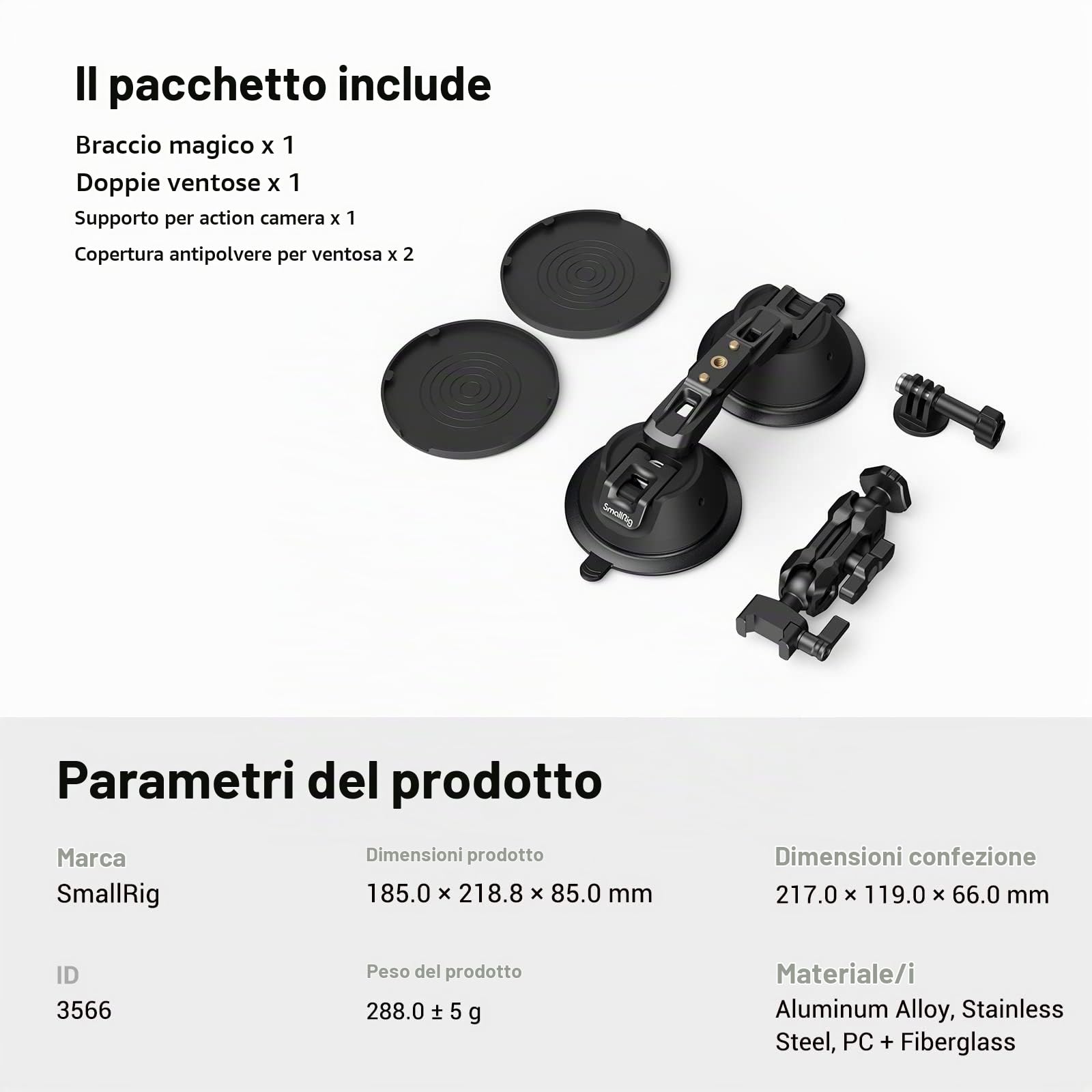 SMALLRIG Esclusivo Supporto a Ventosa a Doppio Strato per GoPro, per Fotocamera Leggera, Fotocamera d'Azione, Vlogging, Telefono Cellulare - 3566