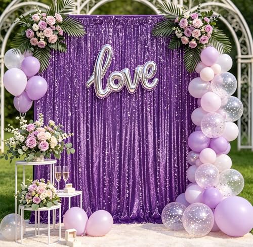 Image of Purple Sequin Backdrop Curtain Drapes Glitter Party Decorations 10FTx10FT