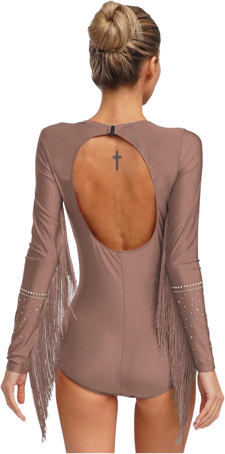 JEATHA Women Fringe Latin Tango Dance Costume Rhinestones Cutout Back Tassel Leotard Bodysuit with Hat