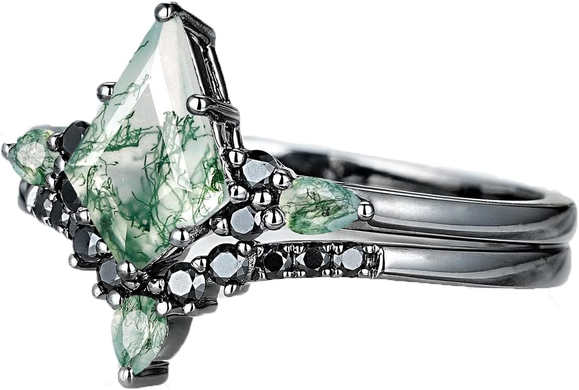 Natural Moss Agate Engagement Ring Set for Women, 925 Sterling Silver Pear/Heart/Oval Cut Moss Agate Moissanite Bridal Wedding Rings Set Inspired Leaf Bridal Rings Set for Her Free Engraved