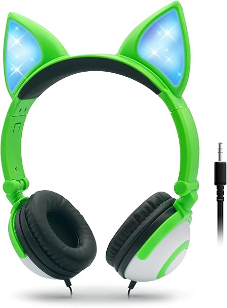 ONTA Cuffie Per Bambini con Gattino LED Luminoso, Pieghevoli, Cancellazione  del Rumore e Cuffie Per Bambino Regolabili per Bambini e Bambine (Verde) :  Amazon.it: Elettronica