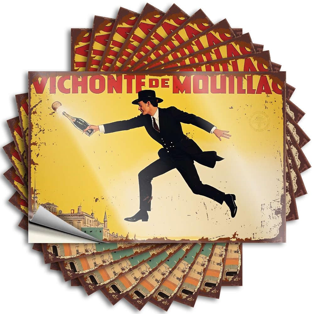 Lettering Sticker Farmhouse Durable Vinyl - Vintage Champagne Advertisement Featuring A Man in A Suit Holding A Bottle of Window for Student Use(6X9CM)