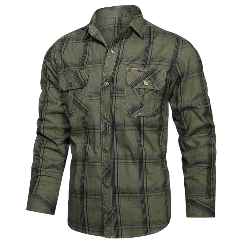 Men's Plaid Work Shirt: A Multi-Pocket, Utility Cotton Top for Outdoor Use