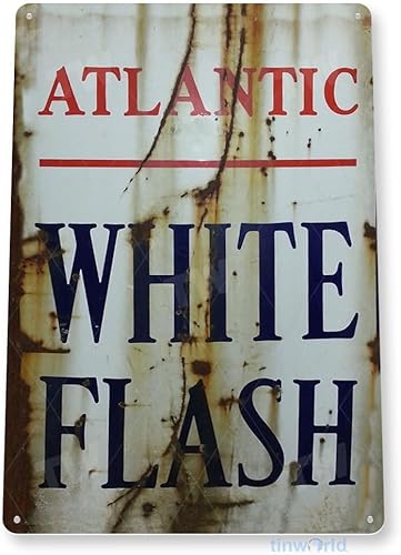 Tinworld Letrero de estaño Atlantic White Flash Gas Oil Rustic Retro Gas Station Metal Sign Decor Auto Shop Garage B386