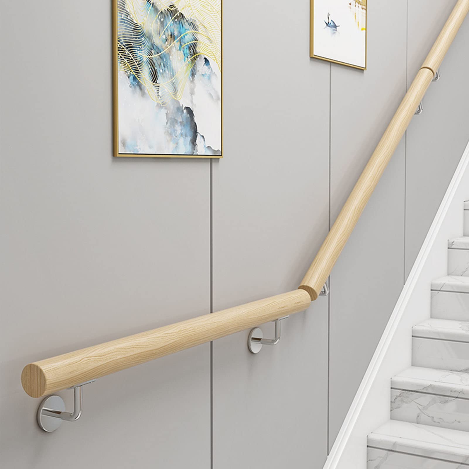 Round Wood Stair Handrails Interior Wall Mounted Handrail for Steps, Barrier-Free Staircase Grab Bar, Anti-Slip Railings for Home Corridor Bars Lofts Stair(570cm)