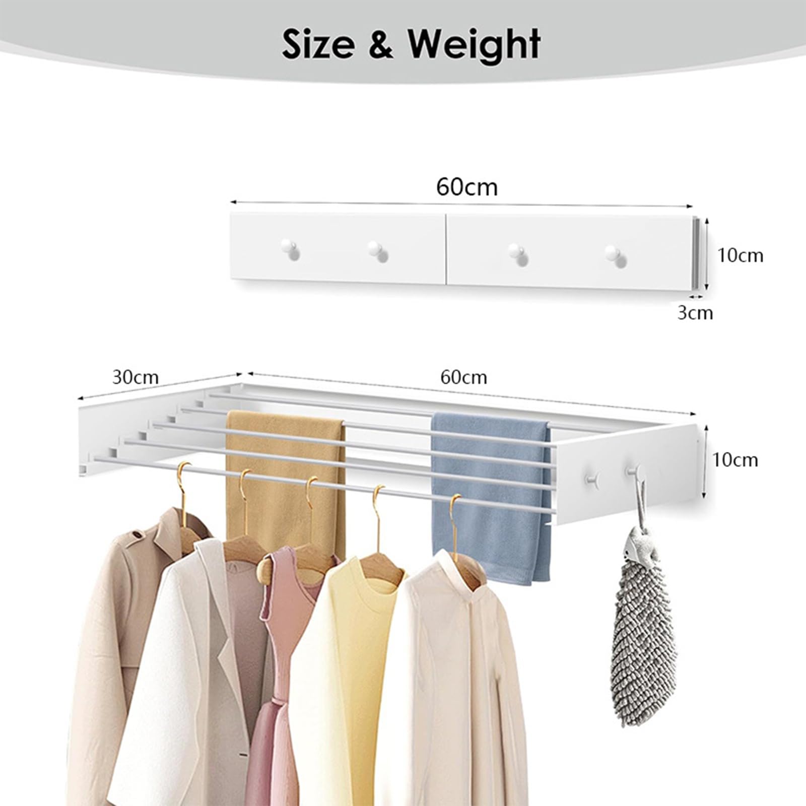 Wandmontierter Wäscheständer, zusammenklappbarer Wäscheständer, 5 Stangen, 4 Haken, 25 kg Kapazität, für Innen- und Außenbereich, Wohnheim, Bad, Wäscheständer
