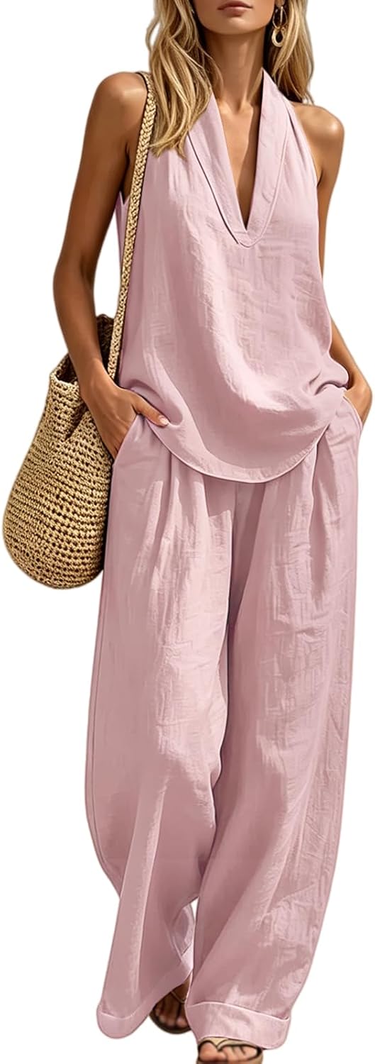 Linen 2 Piece Sets for Women Summer Casual Outfits Sleeveless V Neck Halter Top Baggy Wide Leg Pants Matching Set 2026