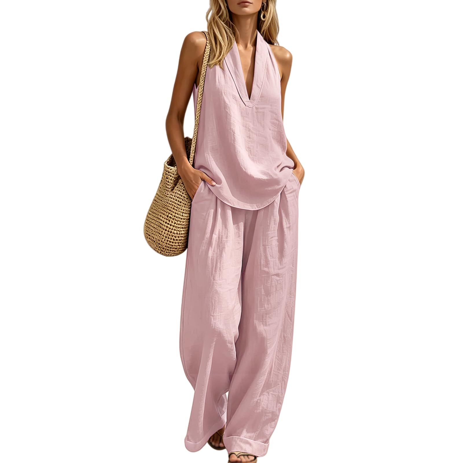 Photo 1 of JSLOOO Linen Sets for Womens 2 Piece Outfits Trendy Sleeveless V Neck Halter Tops Wide Leg Pants Summer Causal Matching Set small