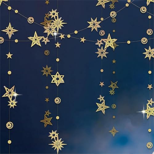 Cheerland Guirnalda de estrellas doradas con purpurina, decoraciones de fiesta doradas, pancarta estrellada, telón de fondo, sol, luna, estrella,