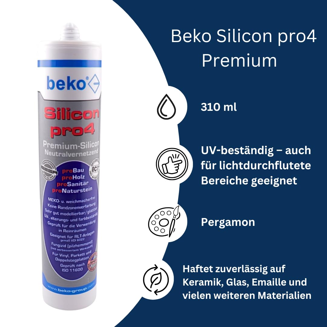 Beko Silicon pro4 Premium 310 ml + Big Wipes – Profi-Silikon für Bad, Küche & Bau – Schimmelresistent, haftstark, UV-beständig (Pergamon, 20)