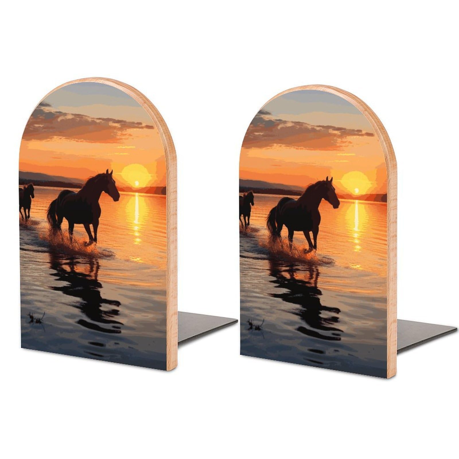 Sunsets Lake Horses Bookend Modern Bookends for Shelves Non-Skid Book Holder Heavy Duty Metal Book Storage for Books CDs Decorative Book Stopper for Home