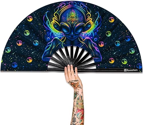 Miniatura 12 de Abanico Plegable Grande, Abanico Rave Clack de 13 Pulgadas, Abanico de Mano para Mujeres y Hombres con Tela de Satén Premium, Marco de Bambú Grueso
